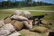 A Marine with Support Company, 8th Engineer Support Battalion, fires an M240B medium machine gun at targets ranging from 300-1200 yards at the Golf 21 range aboard Camp Lejeune, N.C., June 11, 2015. T All Marines, no matter their military occupational specialty, need to be proficient with Marine Corps weapon systems to use in any clime or place. (U. S. Marine Corps photo by Cpl. Shawn Valosin)