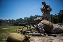 A Marine with Support Company, 8th Engineer Support Battalion, fires an M240B medium machine gun while a personnel safety officer evaluates his accuracy during a machine gun range at the Golf 21 range aboard Camp Lejeune, N.C., June 11, 2015. All Marines, no matter their military occupational specialty, need to be proficient with Marine Corps weapon systems to use in any clime or place. (U. S. Marine Corps photo by Cpl. Shawn Valosin)