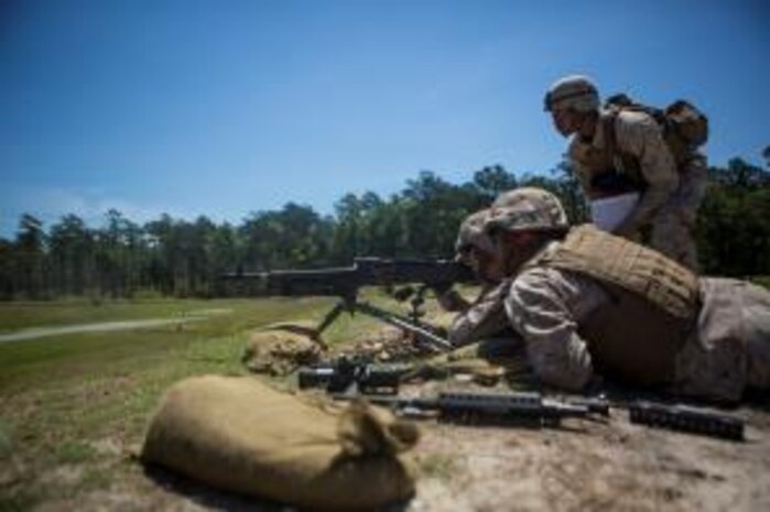 A Marine with Support Company, 8th Engineer Support Battalion, fires an M240B medium machine gun at targets while a personnel safety officer evaluates his accuracy during a machine gun range at the Golf 21 range aboard Camp Lejeune, N.C., June 11, 2015. All Marines, no matter their military occupational specialty, need to be proficient with Marine Corps weapon systems to use in any clime or place. (U. S. Marine Corps photo by Cpl. Shawn Valosin)