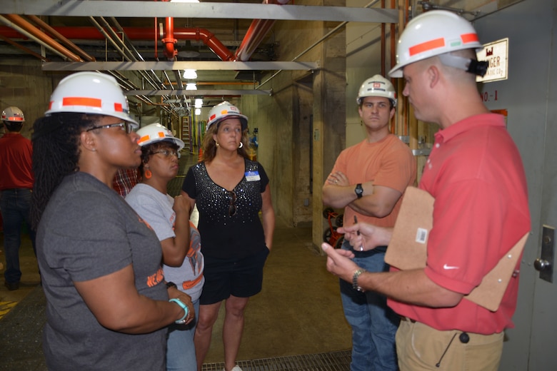 Jake Kennedy, senior electrician at the Old Hickory Power plant, and Will Garner, a hydropower engineer, talked to teachers from the Stratford Magnet High School about the powerhouse’s many functions and management of the water.  The teachers spent the day using externships with the U.S. Army Corps of Engineers Nashville District to develop a Science, Technology, Engineering and Mathematics class curriculum.