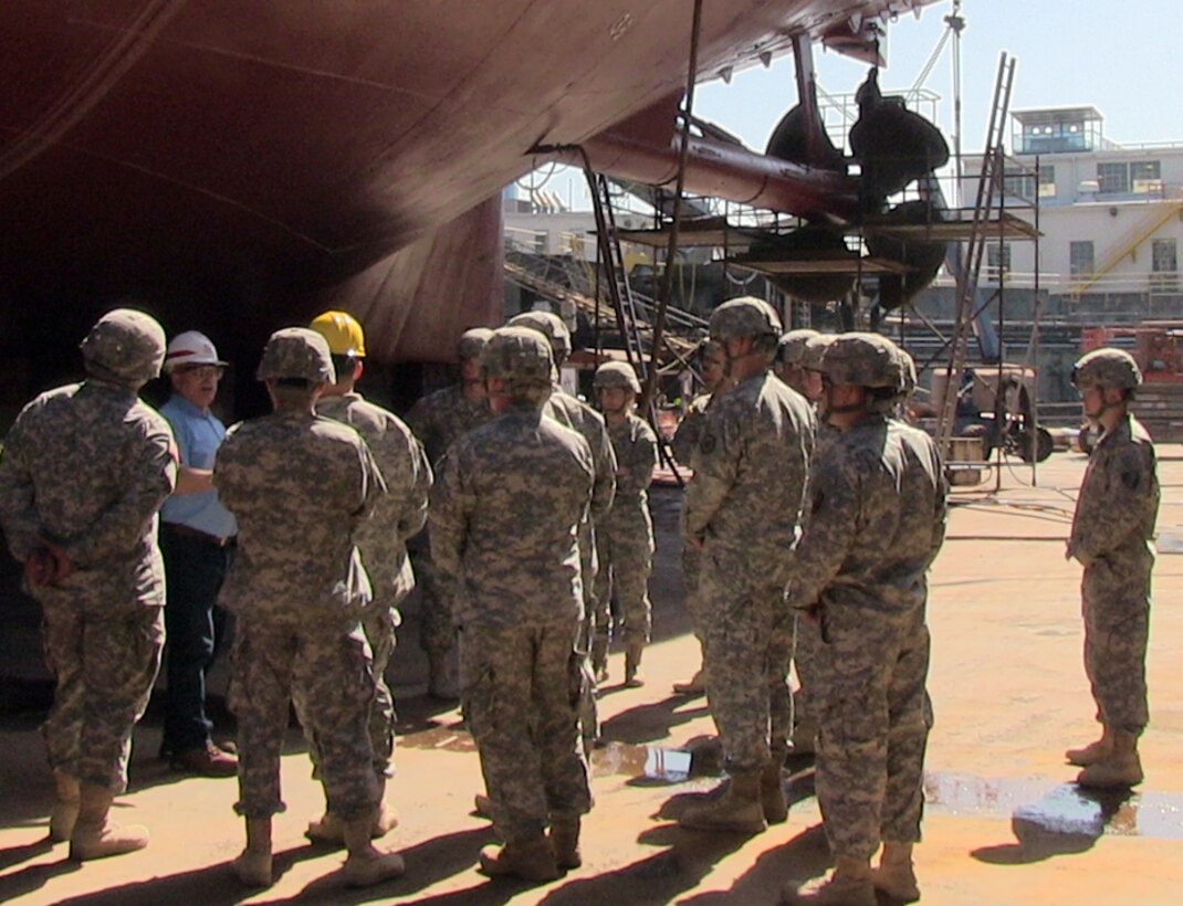 Army Engineer officers from Joint Base Lewis-McChord visited the dredge Essayons at its dry dock berth.