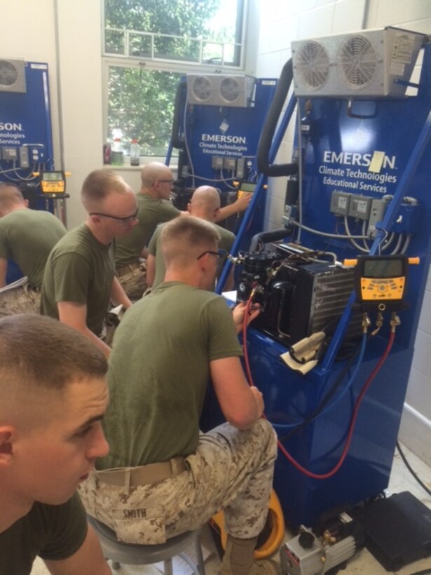 Marines from BRACT 4-15 conduct practical application on basic refrigeration operations.