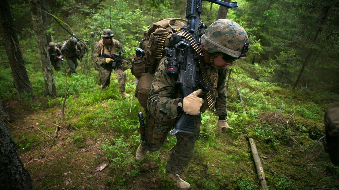 Lithuanian forces are teamed with U.S. Marines from the Black Sea Rotational Force during Exercise Saber Strike at the Pabrade Training Area, Lithuania, June 9, 2015. The allies coordinated multipronged attacks on enemy positions during the exercise.