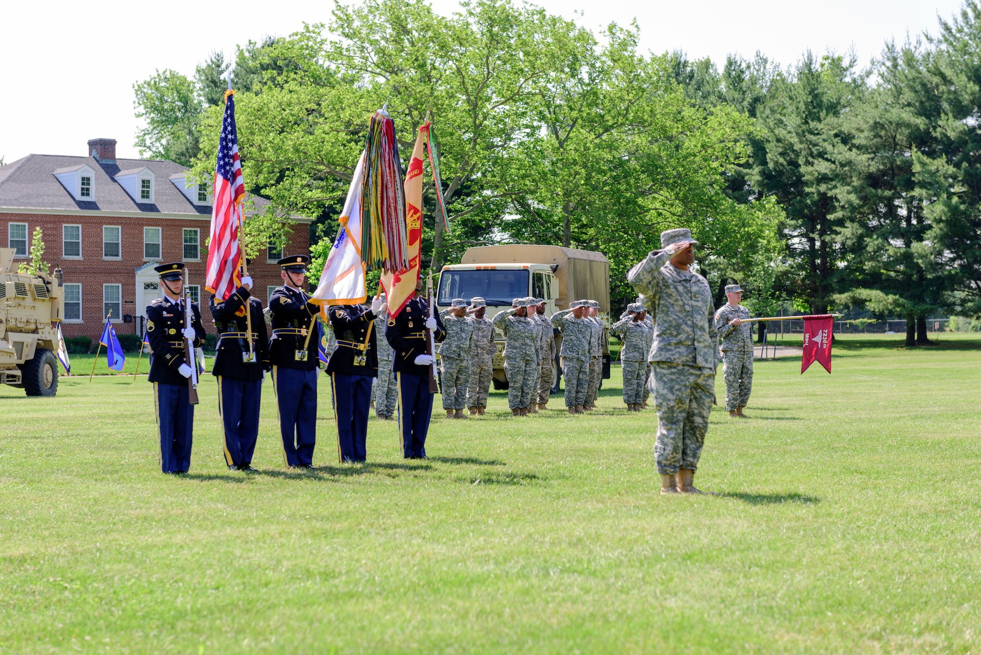 Soldiers of Army Support Activity-Fort Dix salute in formation during a celebration at Sharp Field, Joint Base McGuire-Dix-Lakehurst, N.J. June 10, 2015. Soldiers celebrated their 240th birthday during the celebration. (U.S. Air Force photo by Robert Williard/RELEASED)