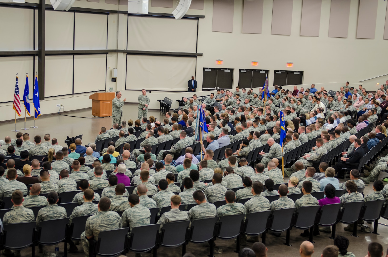 Gen. John E. Hyten, Air Force Space Command commander and Chief Master Sgt. Douglas L. McIntyre, Air Force Space Command command chief speak to the men and women of 24th Air Force during an All-Call at the Pfingston Reception Center located on Joint Base San Antonio – Lackland, Texas, June 3. Hyten and McIntyre concluded their multi-day by sharing their insights on the importance of the Air Force’s cyber mission as well as the importance of being a good Wingman to fellow Airmen. (U.S. Air Force photo by Master Sgt. Luke P. Thelen/Released)