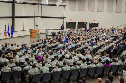 Gen. John E. Hyten, Air Force Space Command commander and Chief Master Sgt. Douglas L. McIntyre, Air Force Space Command command chief speak to the men and women of 24th Air Force during an All-Call at the Pfingston Reception Center located on Joint Base San Antonio – Lackland, Texas, June 3. Hyten and McIntyre concluded their multi-day by sharing their insights on the importance of the Air Force’s cyber mission as well as the importance of being a good Wingman to fellow Airmen. (U.S. Air Force photo by Master Sgt. Luke P. Thelen/Released)