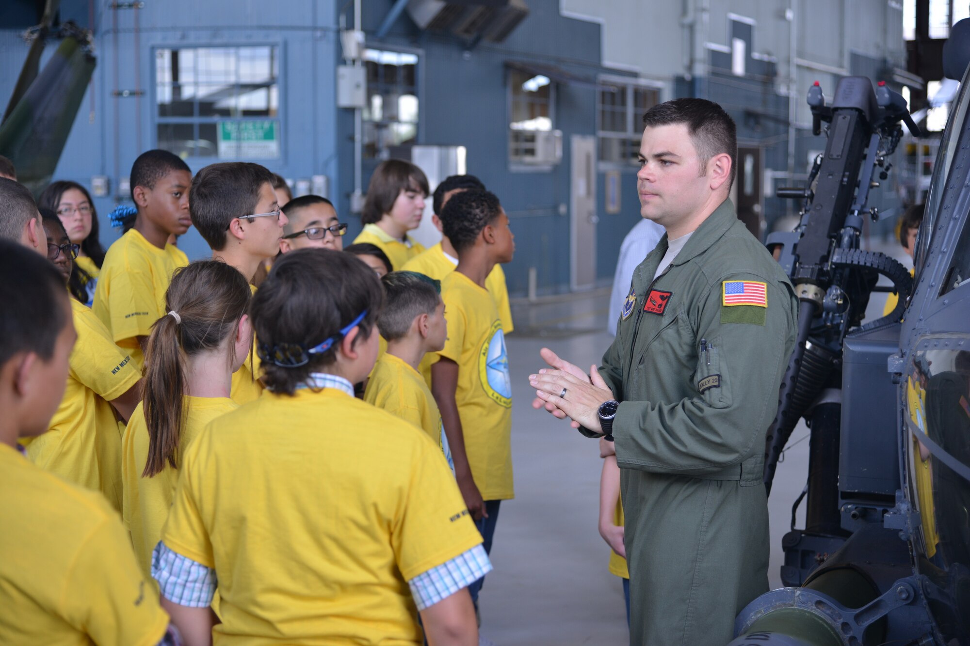 Students from the La Luz Academy's Aviation Camp visit the flightline and learn from pilots in the 58th Special Operations Wing about the aircraft being flown by the unit. (Photo by Todd Berenger)
