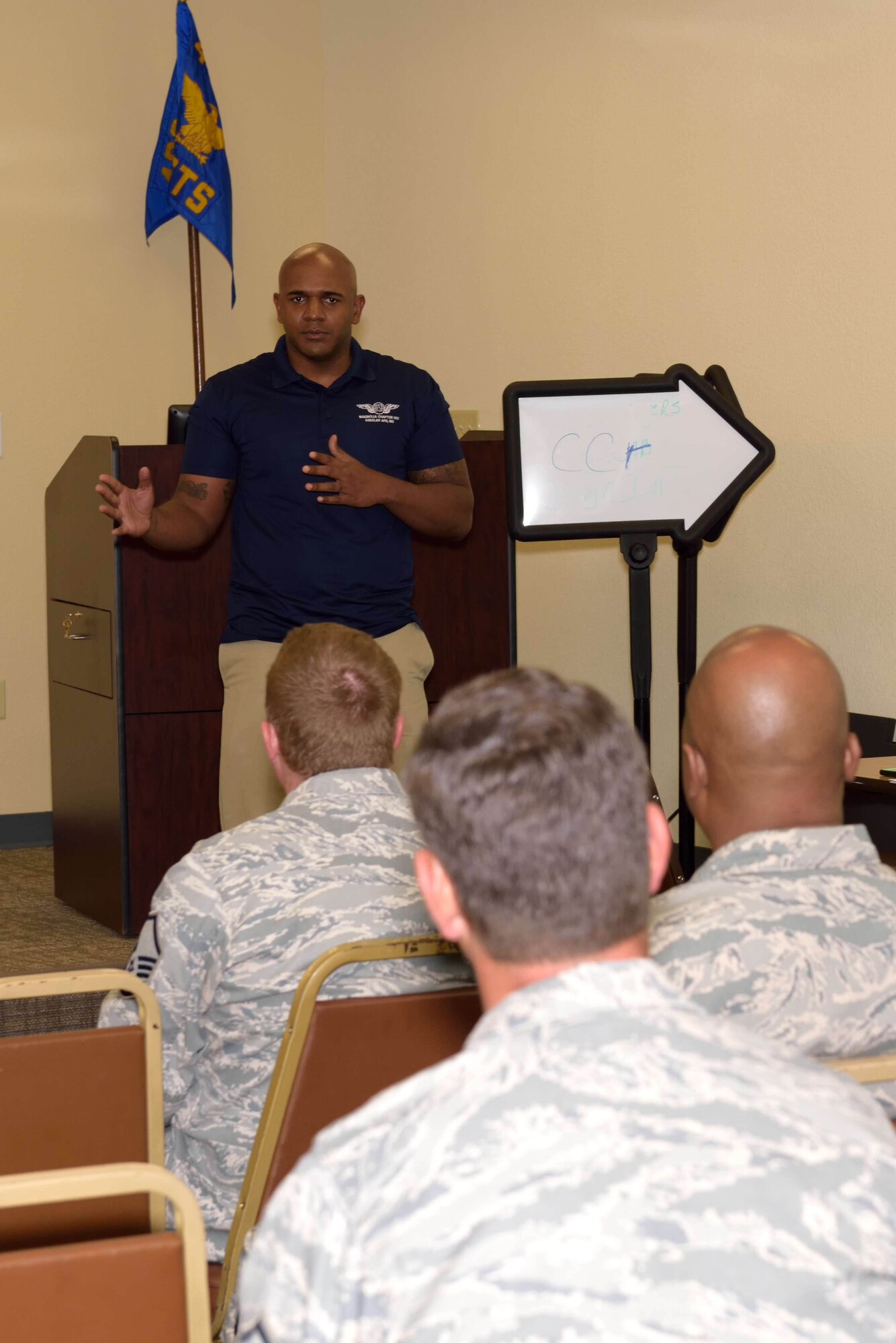 Staff Sgt. Brian Corbin, an Air Force Sergeants Association representative talks about the association’s mission and member benefits with Top Three enlisted members of the 403rd Wing June 7, 2015, at Keesler Air Force Base, Mississippi. The AFSA’s mission is to advocate improved quality of life and economic fairness that will support the well-being of the Total Air Force enlisted personnel and their families. (U.S. Air Force photo/Tech. Sgt. Ryan Labadens)