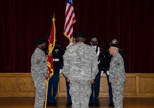 LTC Dennis Major (left) assumes command of the 841st Transportation Battalion from LTC Brian Memoli during a change of command ceremony, June 12, 2015 at Joint Base Charleston – Weapons Station, S.C. COL Jason Vick, 597th Transportation Brigade commander out of Fort Eustis, Va., presided over the ceremony.  (U.S. Air Force photo/Staff Sgt. AJ Hyatt)
