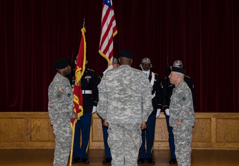 LTC Dennis Major (left) assumes command of the 841st Transportation Battalion from LTC Brian Memoli during a change of command ceremony, June 12, 2015 at Joint Base Charleston – Weapons Station, S.C. COL Jason Vick, 597th Transportation Brigade commander out of Fort Eustis, Va., presided over the ceremony.  (U.S. Air Force photo/Staff Sgt. AJ Hyatt)