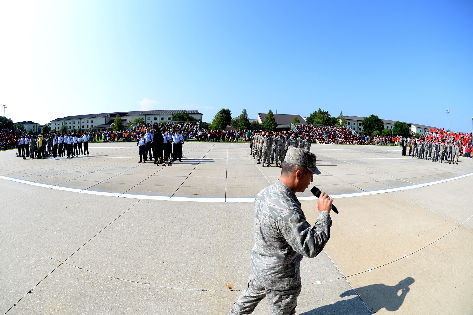 Col. George Tombe, 81st Training Group commander, delivers closing remarks to technical school Airmen during the 81st TRG’s drill down competition June 5, 2015, at the Levitow Training Support Facility drill pad, Keesler Air Force Base, Miss. The overall winners were the 336th Training Squadron “Red Wolves” in 1st, the 334th TRS “Gators” in 2nd and 335th TRS “Bulls” in 3rd. (U.S. Air Force photo by Airman 1st Class Duncan McElroy)