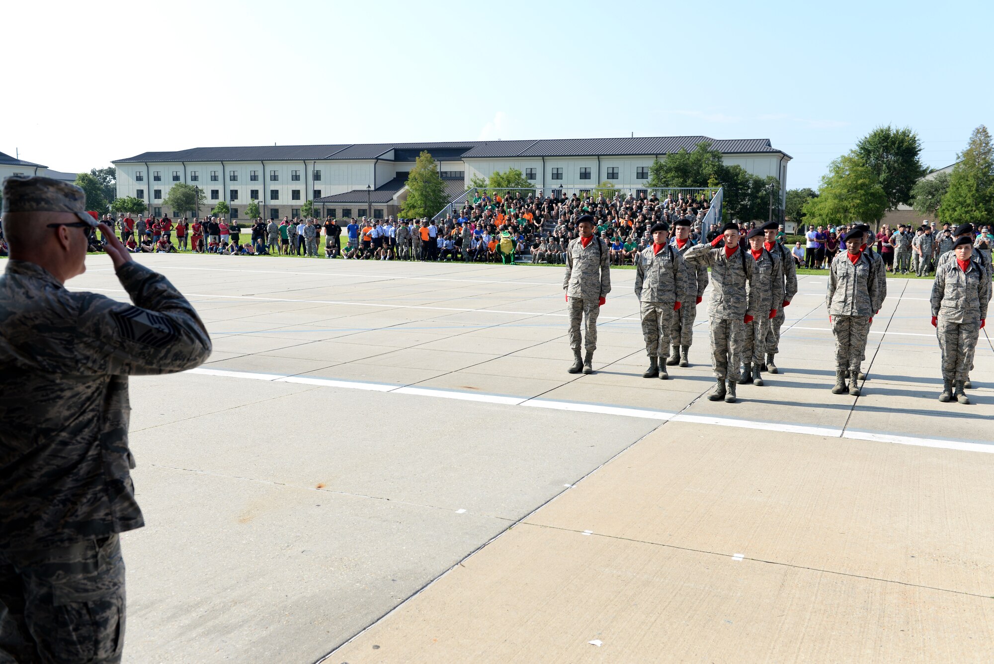 Airman 1st Class Cody Rupp, 336th Training Squadron regulation drill master, requests permission to enter the field of regulation drill competition from Chief Master Sgt. Glen Usherwood, 81st Mission Support Group superintendent, during the 81st Training Group’s drill down competition June 5, 2015, at the Levitow Training Support Facility drill pad, Keesler Air Force Base, Miss. The 336th TRS “Red Wolves” placed 2nd in regulation and 1st overall. (U.S. Air Force photo by Airman 1st Class Duncan McElroy)