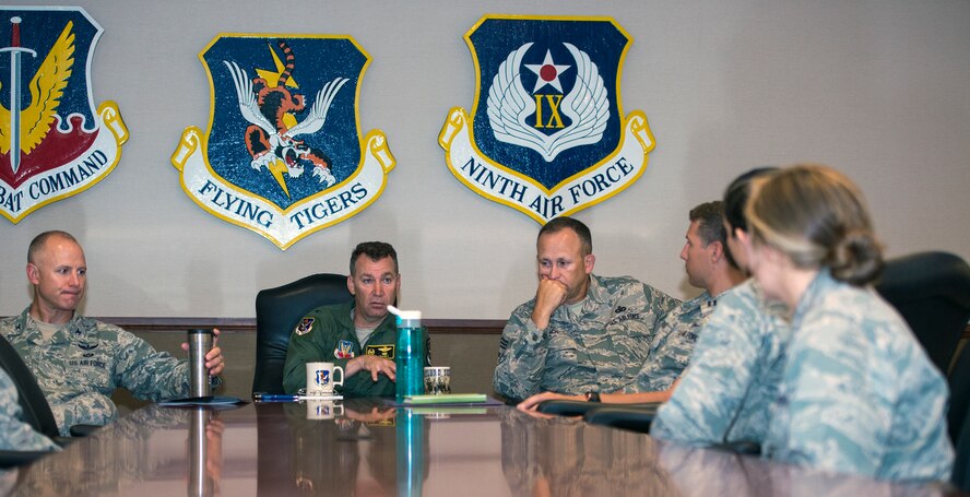 U.S. Air Force Col. Chad Franks, 23d Wing commander, speaks to U.S. Air Force Academy cadets during an Operational Air Force briefing June 3, 2015, at Moody Air Force Base, Ga. The briefing kicked off a Operational Air Force two-week visit in which cadets from Stalag 17 got the opportunity to receive mentorship from Airmen and experience the mission at an Air Force installation. (U.S. Air Force photo by Airman Greg Nash/Released)