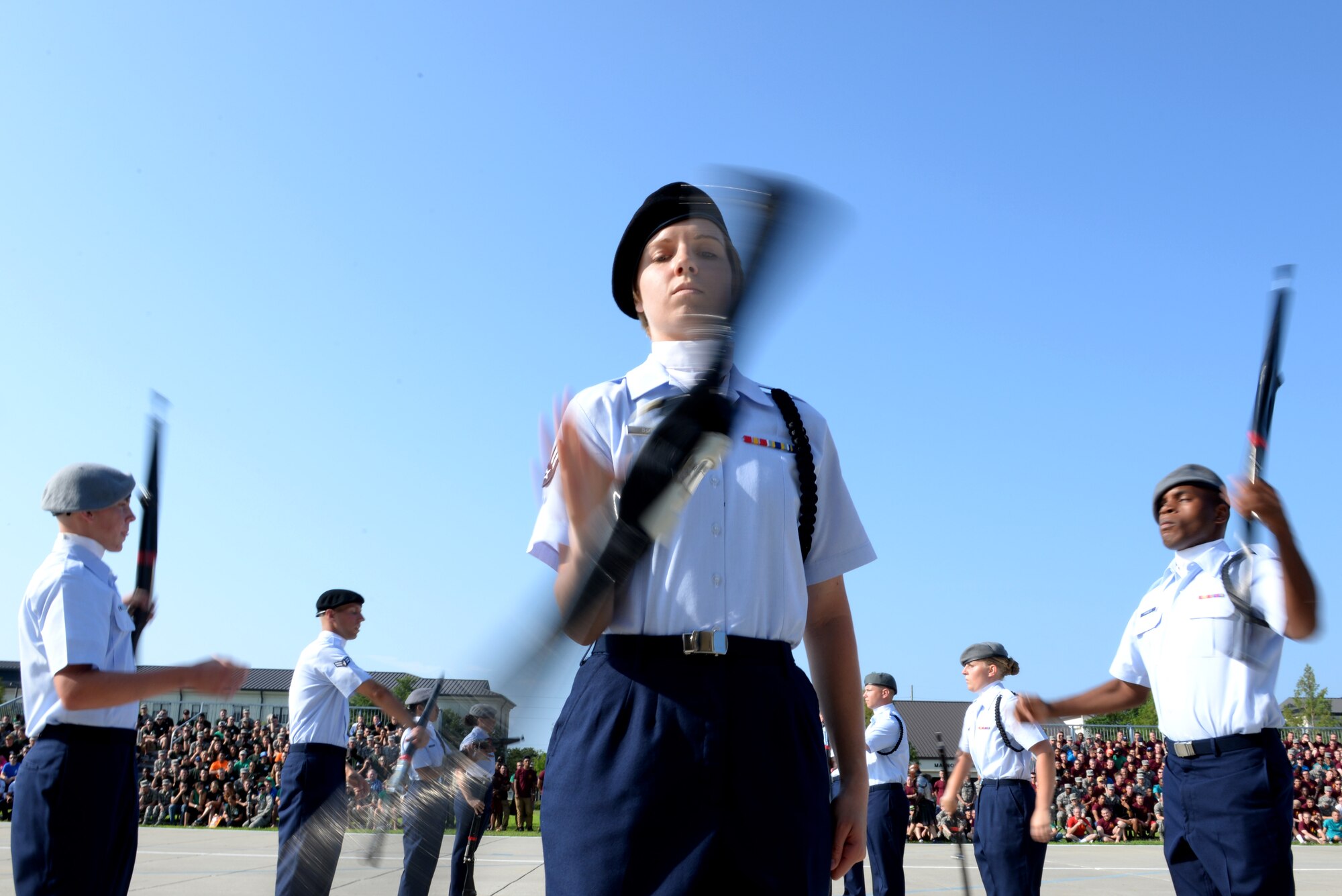 Airman 1st Class Sarah Sommer, 335th Training Squadron freestyle drill master, spins her rifle during the 81st Training Group’s drill down competition June 5, 2015, at the Levitow Training Support Facility drill pad, Keesler Air Force Base, Miss. The 335th TRS “Bulls” placed 3rd in freestyle and overall. (U.S. Air Force photo by Airman 1st Class Duncan McElroy)
