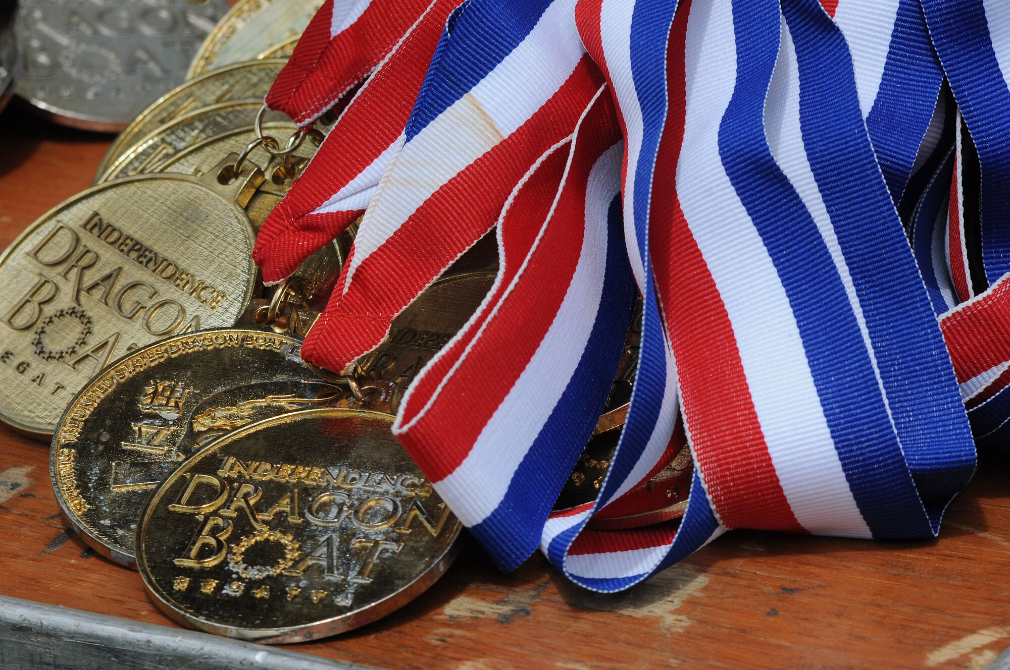 Medals for this year's Independence Dragon Boat Regatta are displayed during the event in Philadelphia, June 6, 2015. The 111th Attack Wing of Horsham Air Guard Station, Pennsylvania, participated in the competition with their dragon boat team, the 111th Argonauts. (U.S. Air National Guard photo by Tech. Sgt. Andria Allmond/Released)