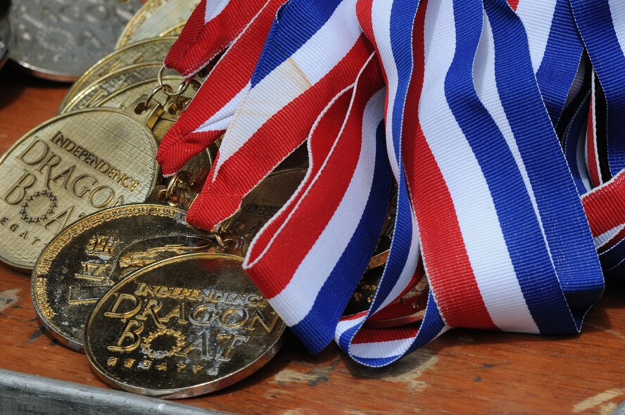 Medals for this year's Independence Dragon Boat Regatta are displayed during the event in Philadelphia, June 6, 2015. The 111th Attack Wing of Horsham Air Guard Station, Pennsylvania, participated in the competition with their dragon boat team, the 111th Argonauts. (U.S. Air National Guard photo by Tech. Sgt. Andria Allmond/Released)