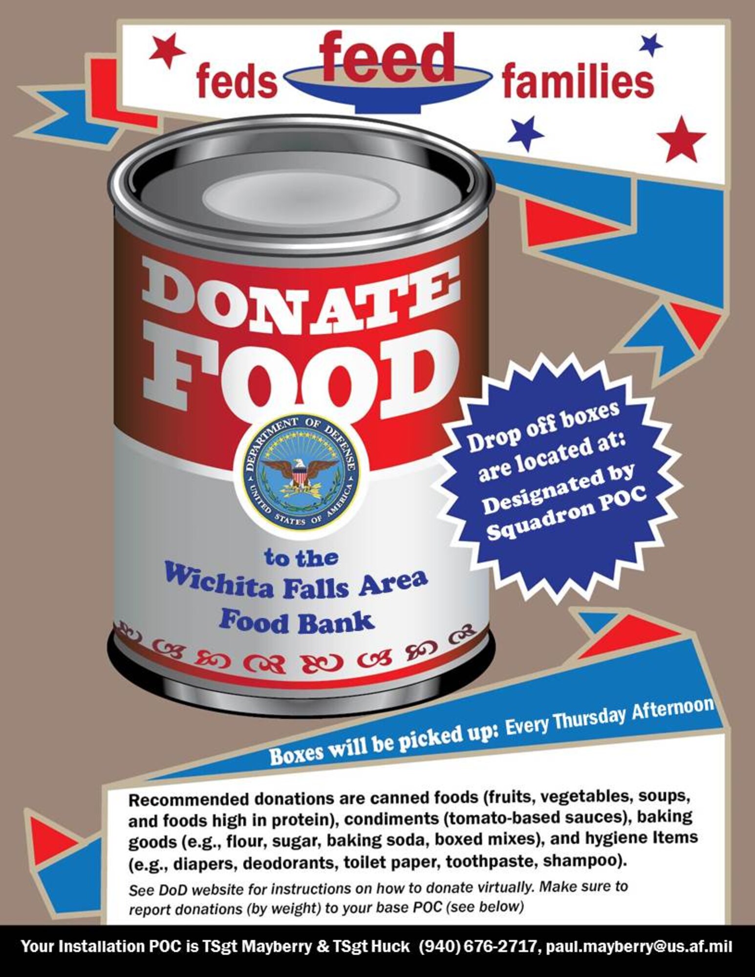 The nation-wide food drive “Feds Feed Families”, encouraged by the U.S. Department of Agriculture, started June 1, 2015 and will run through August 31, 2015 at Sheppard Air Force Base, Texas. The drive is intended to assist Federal employees in reaching out to their local communities by helping fill food bank shelves. 