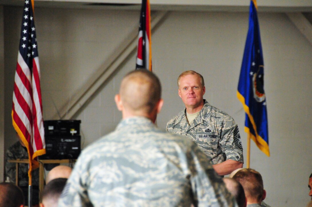 Chief Master Sgt. of the Air Force James A. Cody visited Airmen of the 178th Wing during a unit training assembly, June 7. Cody visited with Airmen in open forums and work-center tours, and held two Airmen’s Calls for both junior and senior enlisted Airmen to discuss important topics on their minds. (Ohio Air National Guard photo by Tech. Sgt. Lou Burton/Released)