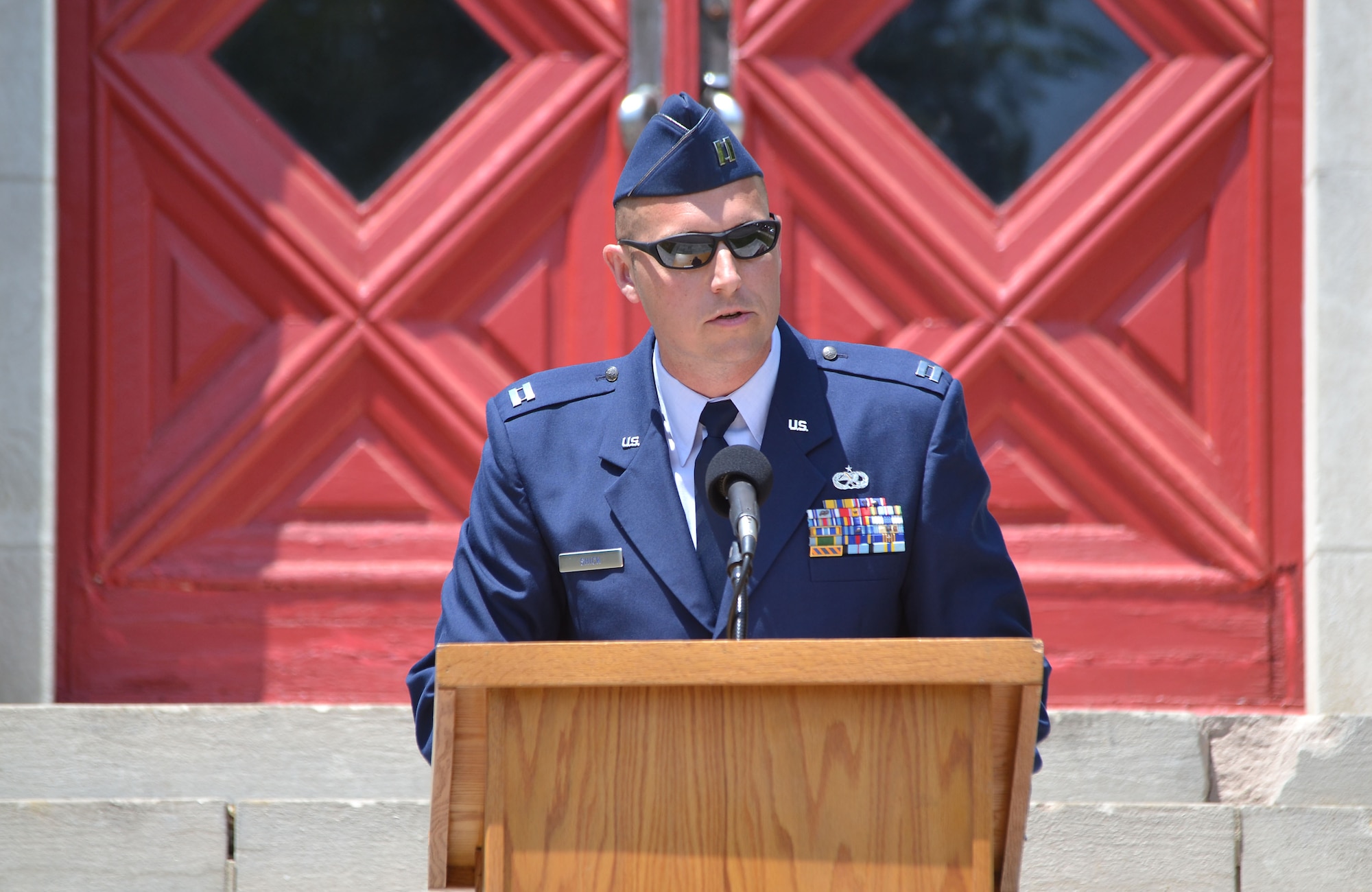 Capt. Aaron Shick, 111th Attack Wing Air Operations Group logistics readiness officer, Horsham Air Guard Station, Pennsylvania, closed the 55th Annual Avenues of Flags ceremony in Whitemarsh Memorial Park, Ambler, Pennsylvania on May 25, 2015. The event hosted hundreds of locals and residents.(U.S. Air National Guard photo by Master Sgt. Christopher Botzum/Released)