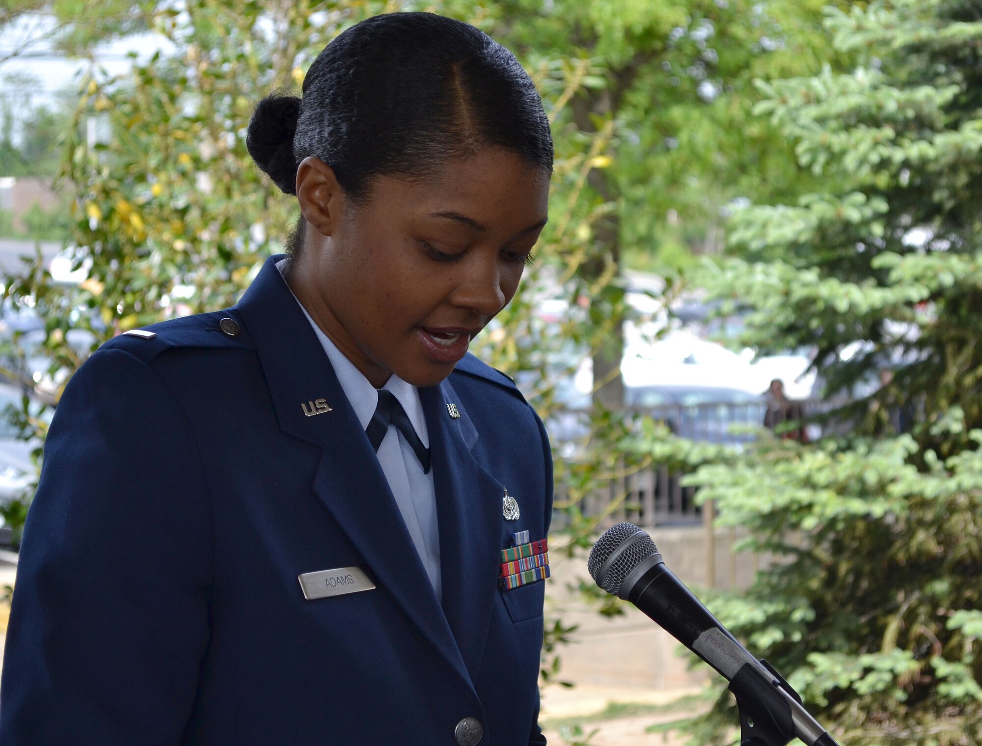 “The Constitution and Bill of Rights gave Americans the freedom of speech, religion, demonstration and the freedom to bear arms,” said keynote speaker, 1st Lt. Charese Adams, 201st RED HORSE, Det. 1 logistics readiness officer here, May 16, 2015during the Third Annual Armed Forces Day recognition ceremony at the Valley Forge Casino, Valley Forge, Pennsylvania. (U.S. Air National Guard photo by Master Sgt. Christopher Botzum/Released)