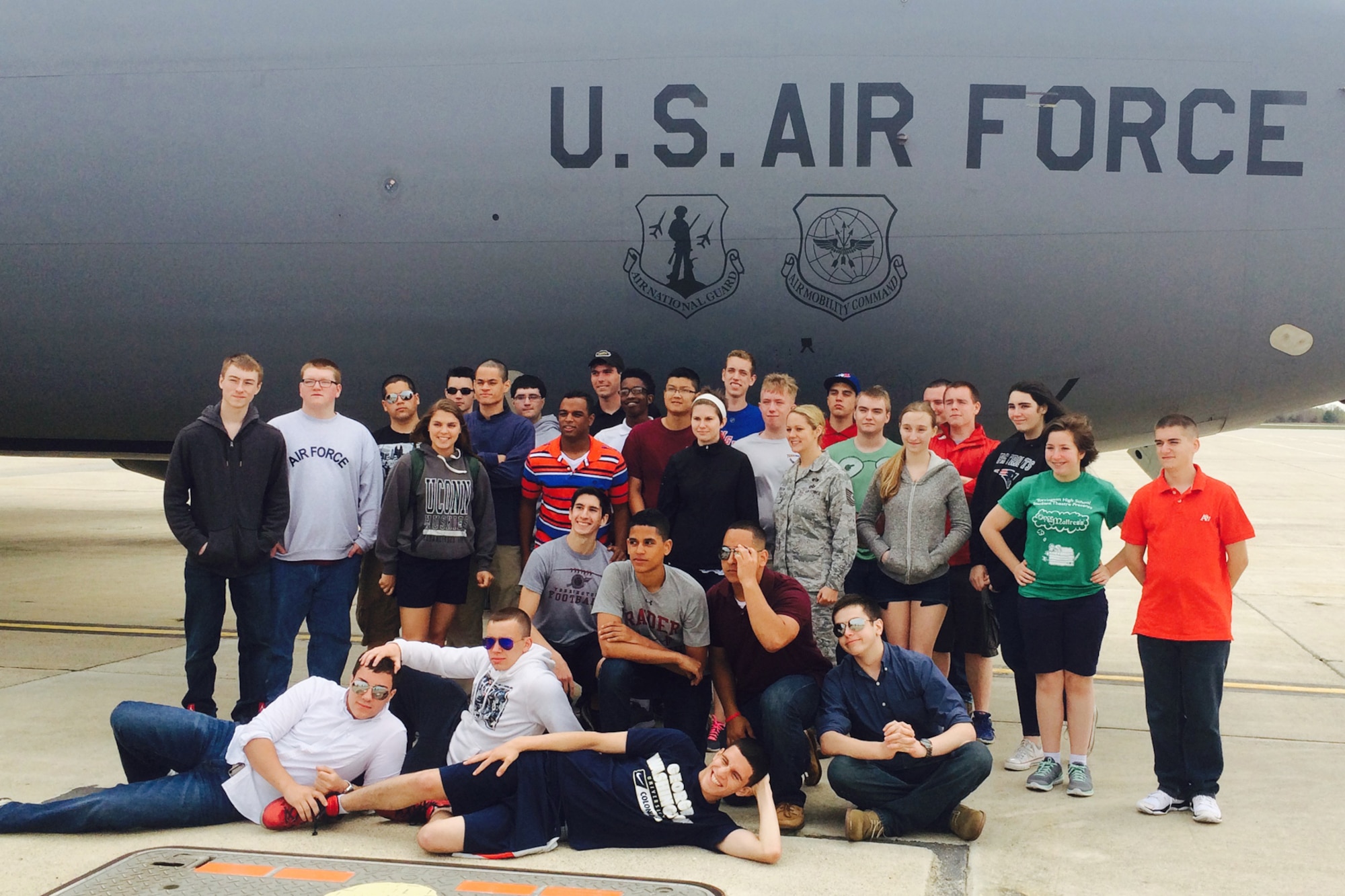 Cadets from the Torrington Naval Junior Reserve Officers’ Training Corps program in Connecticut pose for a photo beside a KC-135 aircraft during a two-day hands-on tour here as part of an annual field trip last month. The group of nearly 40 cadets visited and received briefings from members of the Fire Department, 157th Security Forces Squadron, Aircraft Maintenance and Emergency Management. The cadets were also able to participate in a mission on board a KC-135 and an air refueling. (N.H. National Guard photo by Senior Airman Kayla McWalter)
