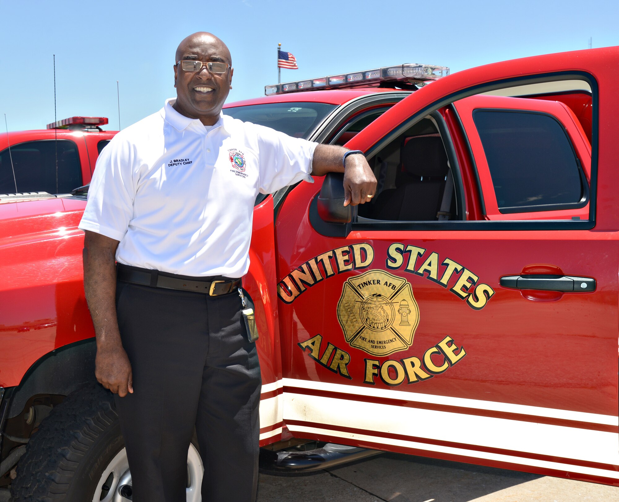 Deputy Chief James Bradley, with the 72nd Air Base Wing Civil Engineer Directorate’s Fire and Emergency Services Division, recently received a lifetime achievement award from the board of directors of the Mid-Del-Tinker 100 Club. Chief Bradley has served as a firefighter for 35 years, with 24 of those years at Tinker Air Force Base. (Air Force photo by Kelly White/Released)