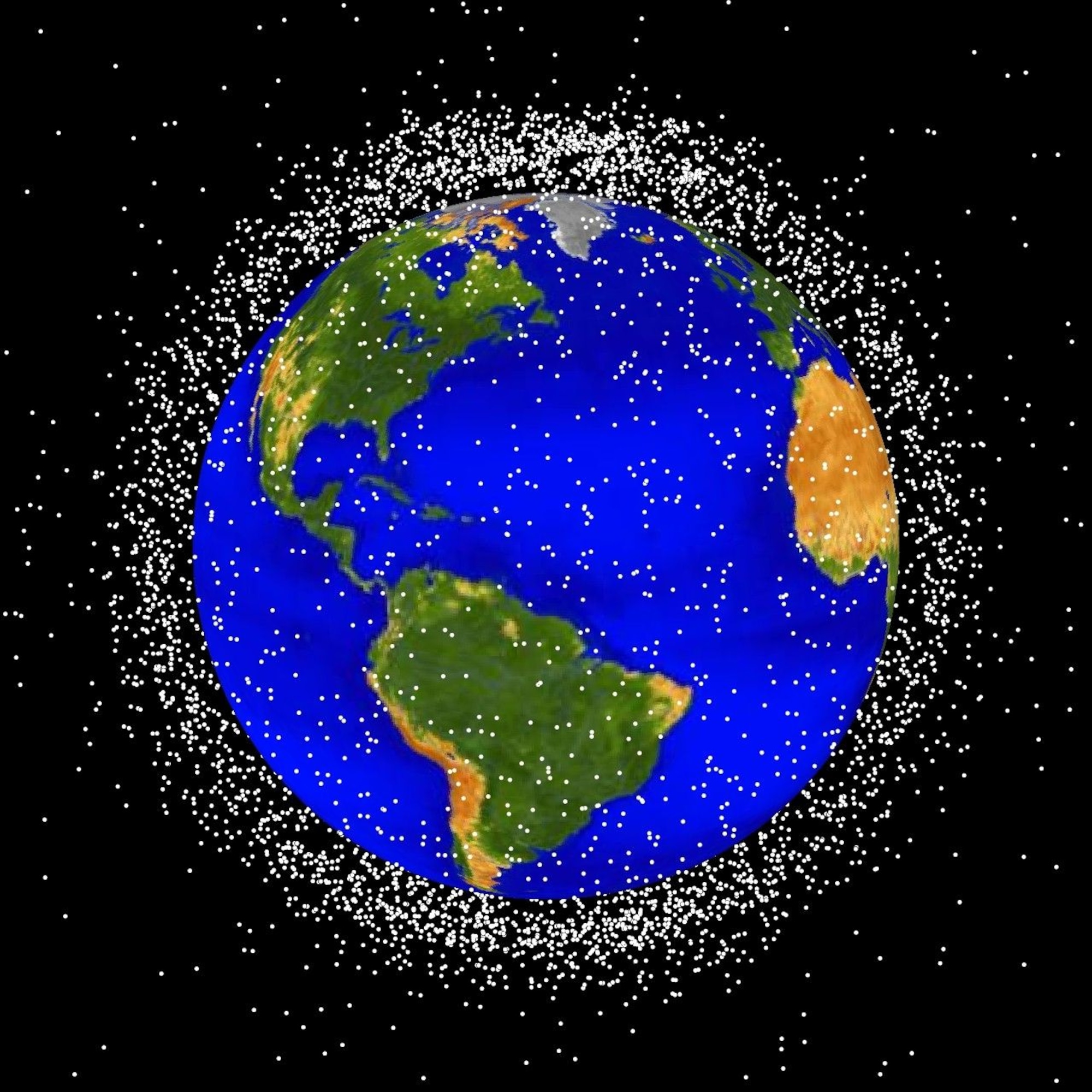 A computer-generated image depicts objects in the Earth’s orbit that currently are tracked. Approximately 95 percent of the objects in this illustration are orbital debris, i.e., not functional satellites. (Image courtesy of NASA Orbital Debris Program Office)
