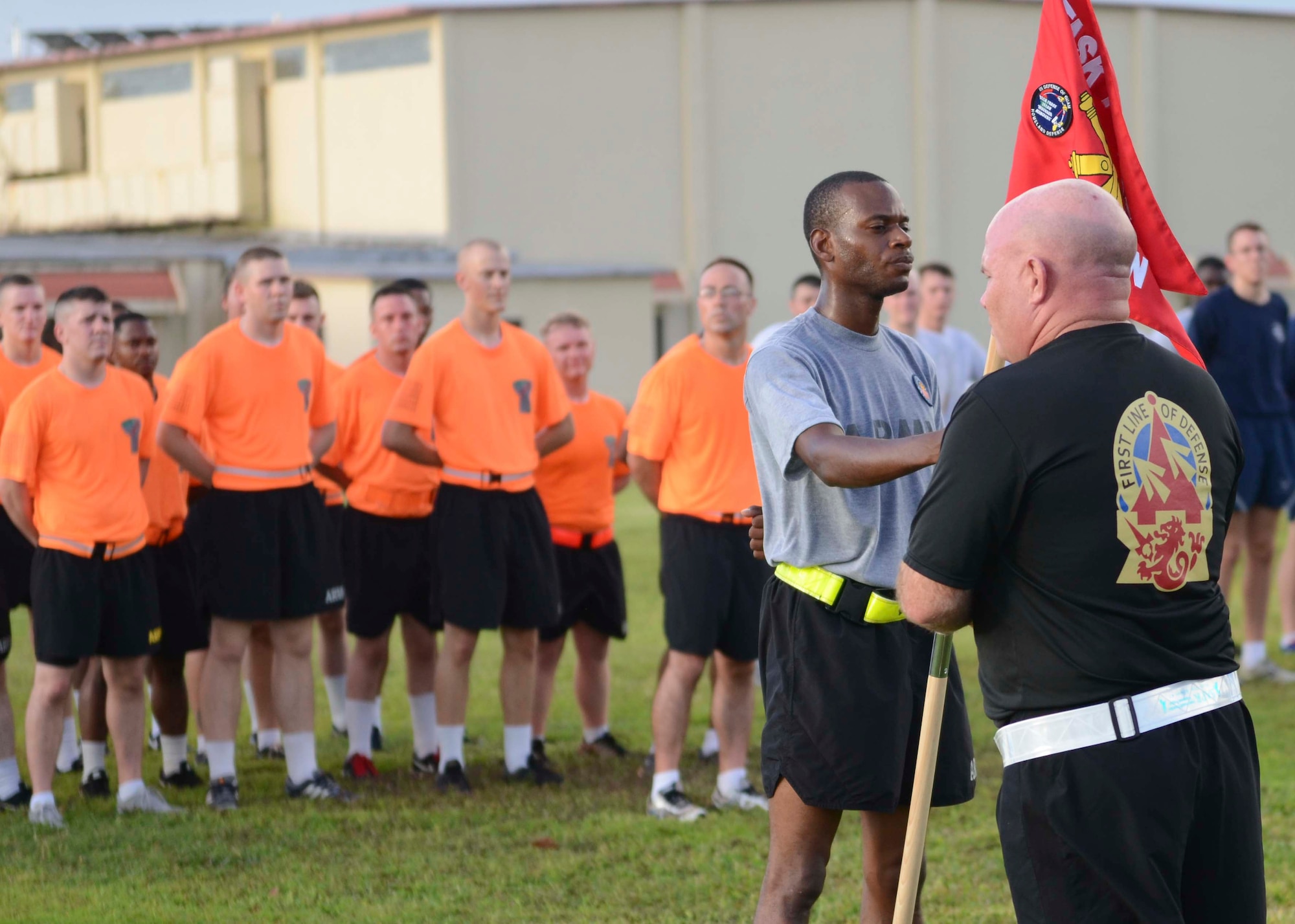 Lt. Col. Jefferey Slown, Task Force Talon commander, speaks to Soldiers and Airmen after a 3-mile esprit de corps run June 12, 2015, at Andersen Air Force Base, Guam.  The event was held in honor of the Army’s 240th Birthday. (U.S. Air Force photo by Airman 1st Class Alexa Ann Henderson/Released)