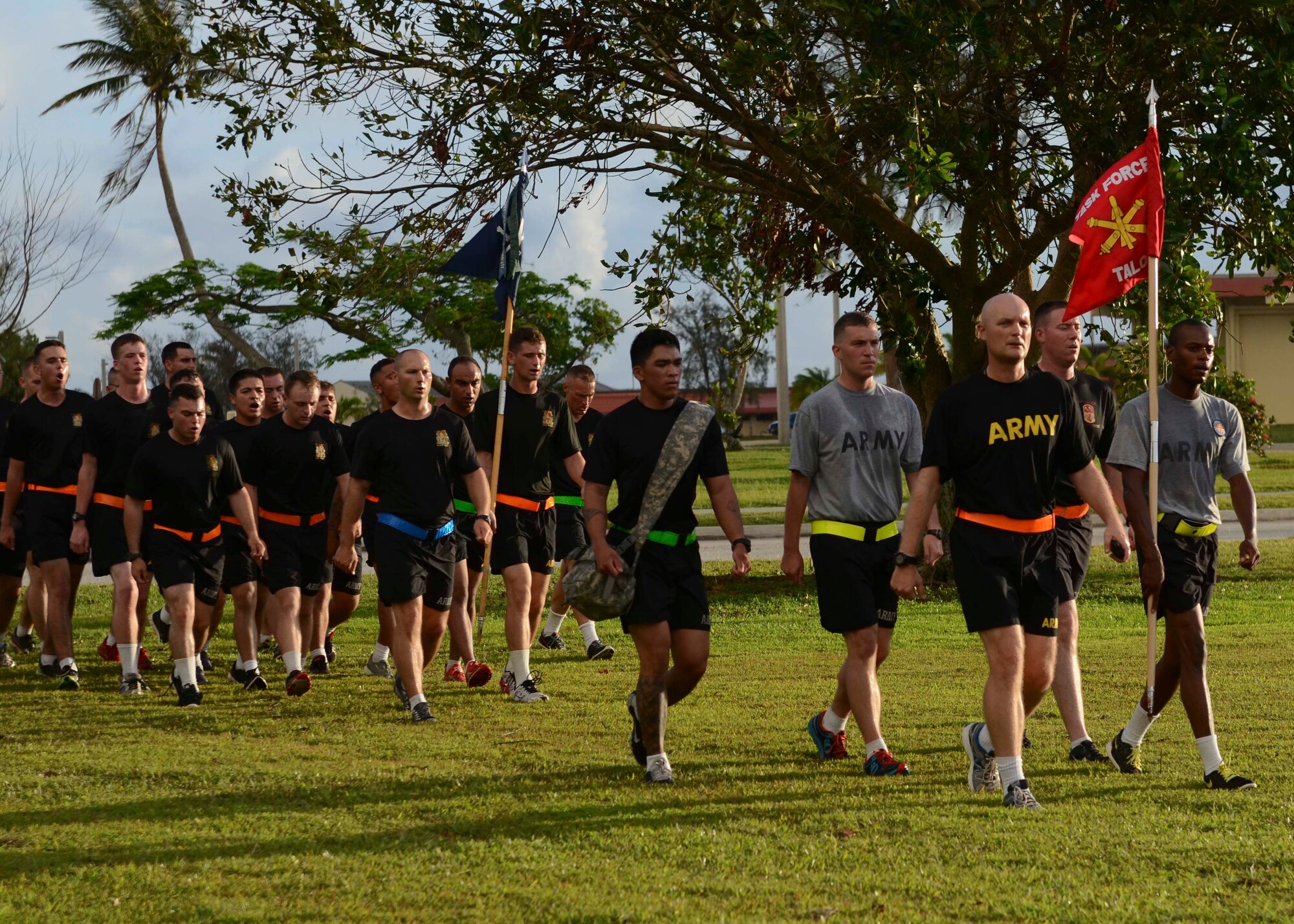 Soldiers from Task Force Talon march after an esprit de corps run June 12, 2015, at Andersen Air Force Base, Guam.  The event was held in honor of the Army’s 240th Birthday. (U.S. Air Force photo by Airman 1st Class Alexa Ann Henderson/Released)