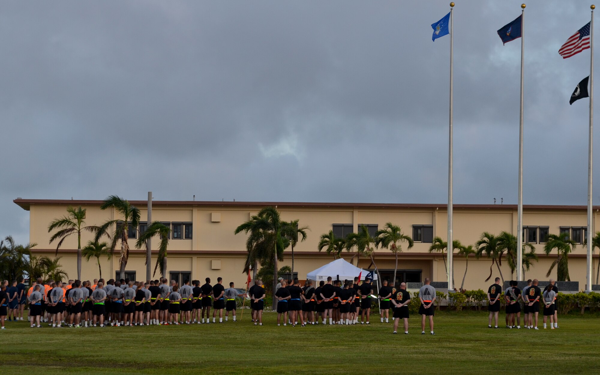 Soldiers from Task Force Talon stand in formation before they start their 3-mile esprit de corps run June 12, 2015, at Andersen Air Force Base, Guam.  The event was held in honor of the Army’s 240th Birthday. (U.S. Air Force photo by Airman 1st Class Alexa Ann Henderson/Released)