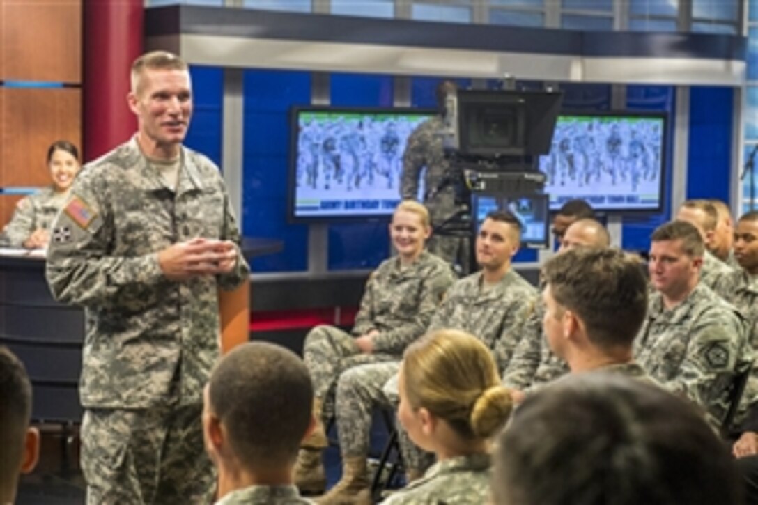 Army Sgt. Maj. Daniel A. Dailey speaks to soldiers during a town hall to mark the Army's birthday on Fort Meade, Md., June 4, 2015. Dailey, the Army's 15th sergeant major, discussed a variety of topics, including the noncommissioned officer evaluation report, education and benefits.