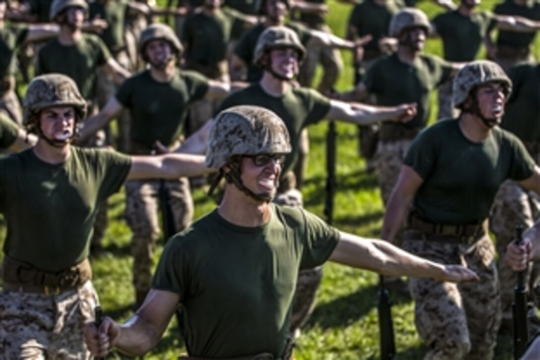 Marine recruits spread out during a martial arts training session on Parris Island, S.C., June 11, 2015. The recruits are assigned to Alpha Company, 1st Recruit Training Battalion.