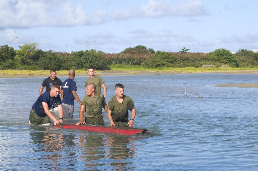 Members of 1st Battalion, 3rd Marine Regiment dredge through the mud in Nuupia Ponds to haul out a log polluting the area during a cleanup held June 8, 2015. (U.S. Marine Corps photo by Christine Cabalo/Released)