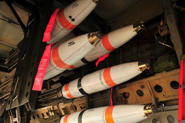 Inert MK-62 Quick Strike Mines sit in a B-52H Stratofortress at Royal Air Force Fairford, England, June 11, 2015 to be used in a BALTOPS 15 exercise. Weapons load crew members loaded nine inert mines each on two B-52s, so the crew could test their ability to precisely drop munitions into a target zone off the coast of Sweden.  (U.S. Air Force photo/Senior Airman Malia Jenkins)        