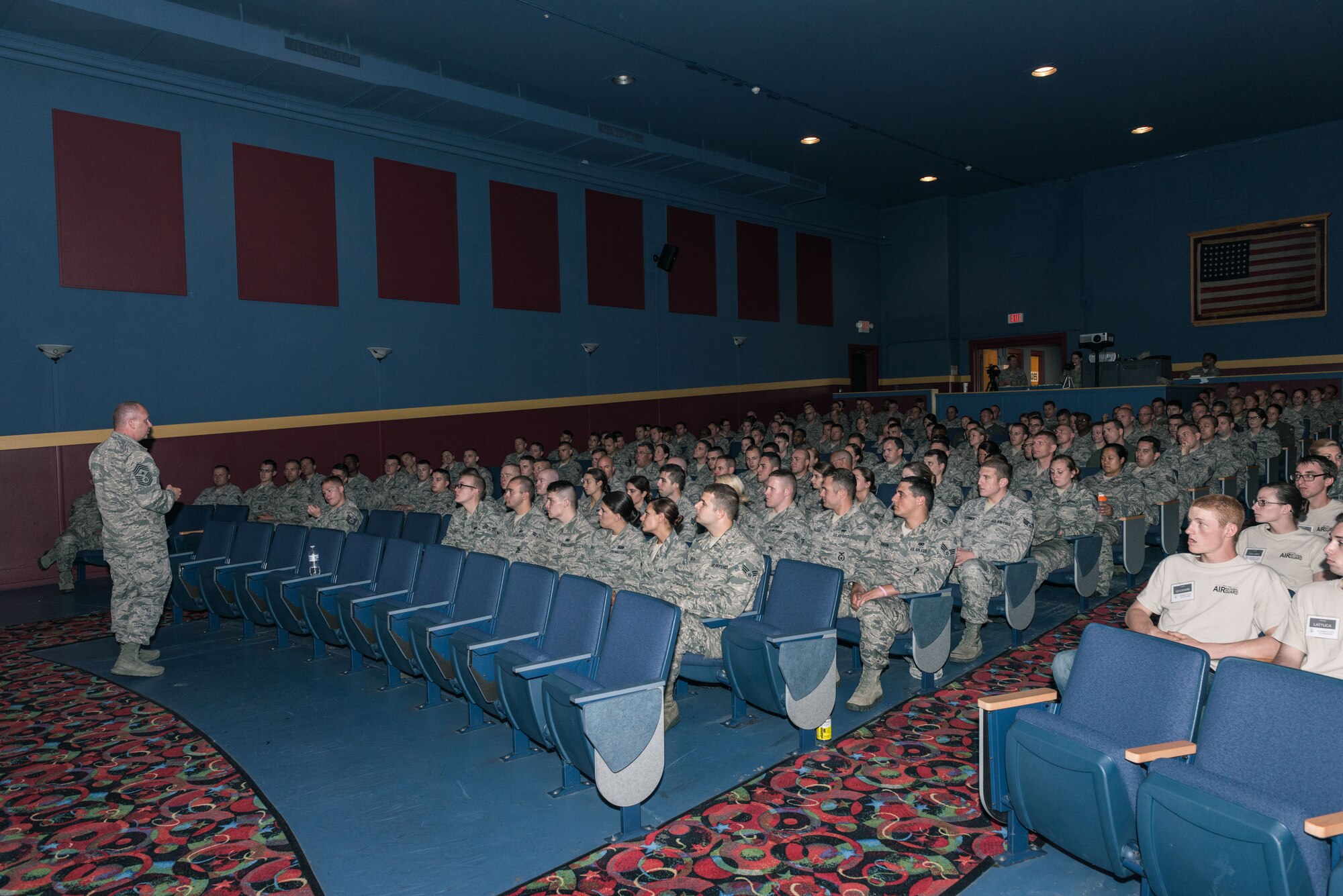 Chief Master Sgt. James W. Hotaling, Command Chief Master Sergeant of the Air National Guard, addresses the junior enlisted members of the 107th AW during an enlisted all call at Niagara Falls Air Reserve Station on June 13, 2015. (U.S. Air National Guard photo/Staff Sgt. Ryan Campbell)