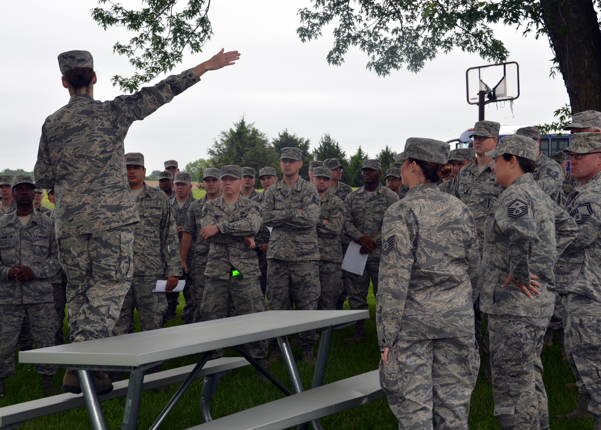 Newly-arrived 131st Bomb Wing Citizen-Airmen receive a welcome brief at Camp Clark, Mo., June 2, 2015.  Members trained at Camp Clark for state emergency response.  (U.S. Air National Guard photo by Tech. Sgt. Traci Payne)