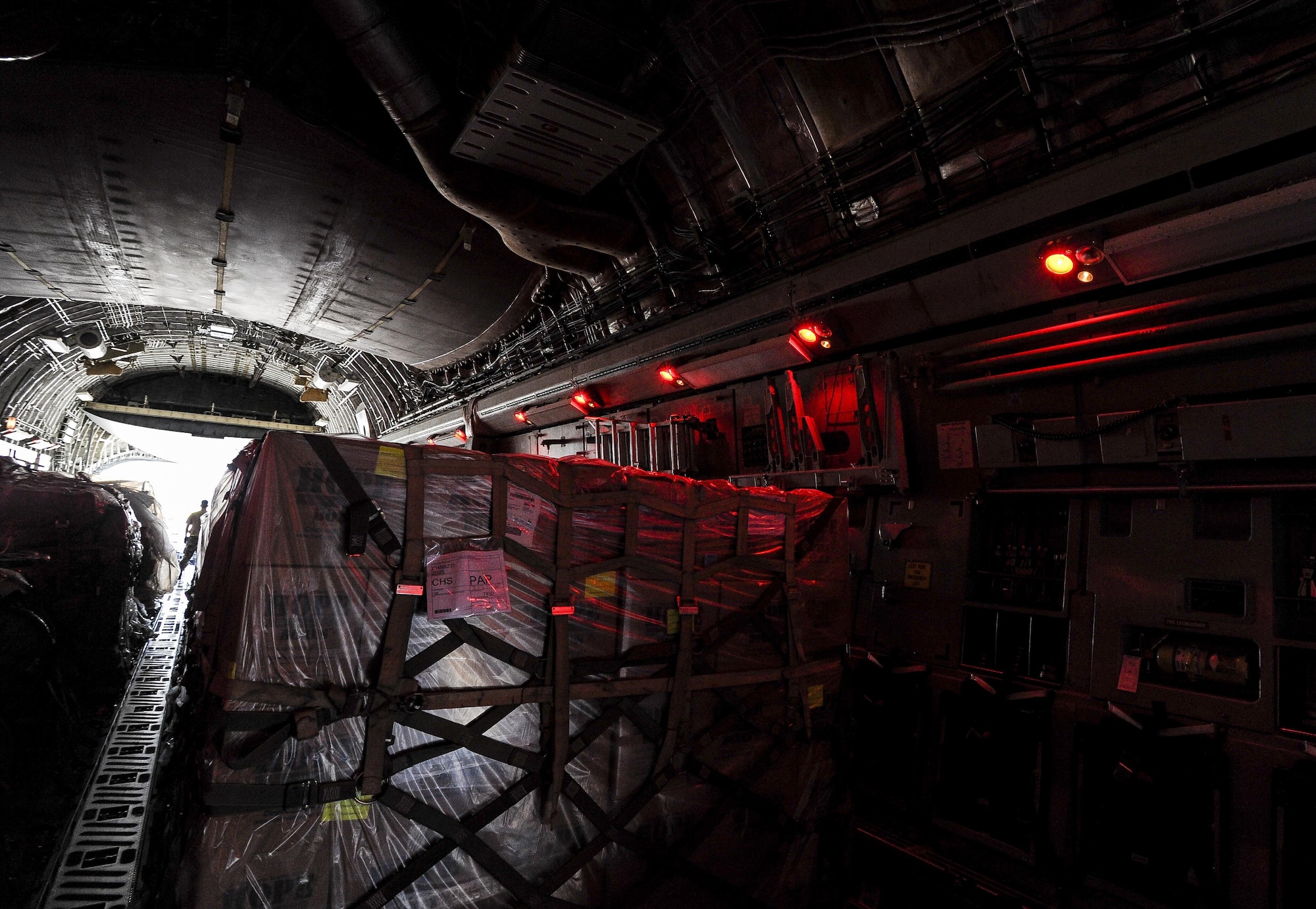 Pallets, filled with boxes of food labeled “Hope”, fills the back of a C-17 Globemaster III June 13, 2015, at Joint Base Charleston, S.C. The humanitarian cargo was delivered on an overnight mission to Haiti and Saint Kitts. (U.S. Air Force photo by  Senior Airman Tom Brading) 