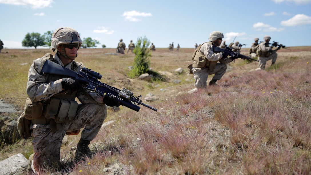 Marines with Charlie Company, 1st Battalion, 6th Marine Regiment prepare to move to a defensive firing range in Sweden for a two day training operation during BALTOPS 2015 June 12, 2015. BALTOPS is an annually reoccurring multinational exercise designed to enhance flexibility and interoperability, as well as demonstrate resolve of allied and partner forces to defend the Baltic region.