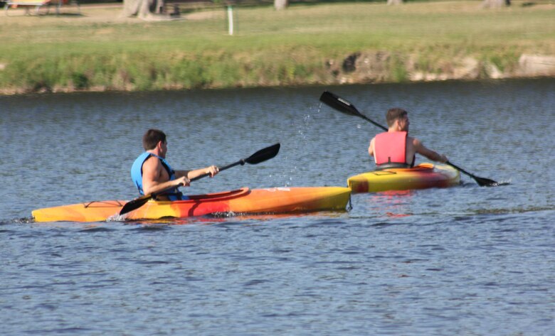 Two kayakers paddle Lake Yankton at the Gavins Point Project