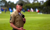 Sergeant Major William T. Sowers speaks after taking over as the senior enlisted advisor of the 1st Marine Division during a relief and appointment ceremony aboard Marine Corps Base Camp Pendleton, Calif., June 12, 2015. Sowers recently completed his last assignment as the sergeant major for the Marine Corps Training and Education Command in Quantico, Va.