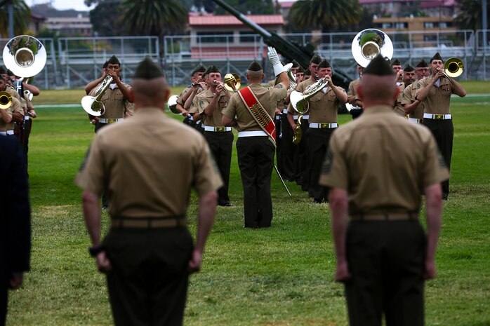 The 1st Marine Division Band plays during a relief and appointment ceremony aboard Marine Corps Base Camp Pendleton, Calif., June 12, 2015. Sergeant Major William T. Sowers took charge as the senior enlisted advisor from Sgt. Maj. David L. Jobe after completing his most recent assignment as the sergeant major for the Marine Corps Training and Education Command in Quantico, Va.