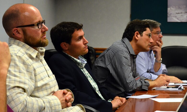 U.S. and Brazilian team members gather June 1, 2015, to outline goals for the visit to U.S. Army Corps of Engineers Sacramento District projects in California. From left to right are Nicholas Applegate, U.S. Army Corps of Engineers Sacramento District; Marshall Hayden, USACE Mobile District; Josimar Oliveira and Paulo Ungaretti, Agência Nacional de Águas, Brazil.