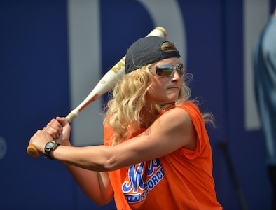 New York Air National Guard 2nd Lt. Tabitha Burns, a member of the 106th Rescue Wing based at F.S. Gabreski Air National Guard Base in Westhampton Beach, steps up to the plate at Cit Field in New York City during an interservice softball tournament sponsored by the New York Mets on  June 11, 2015. Teams representing the Army, Navy, Air Force, Marine Corps and Coast Guard played each other round-robin style and met members of the team. Members of the New York Air National Guard's 105th Airlift Wing, at Stewart Air National Guard Base in Newburgh, New York, and the 106th Rescue Wing represented the Air Force.　