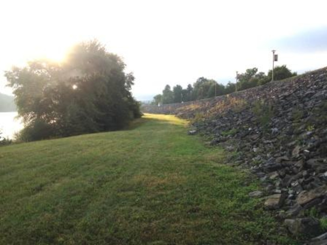 Piled stone, or what engineers like to call "rip-rap," along the riverside of the Lock Haven Flood Risk Management Project in Pennsylvania. Rip-rap is used to improve the stability of the levee and provides added protection from erosion during flooding events.