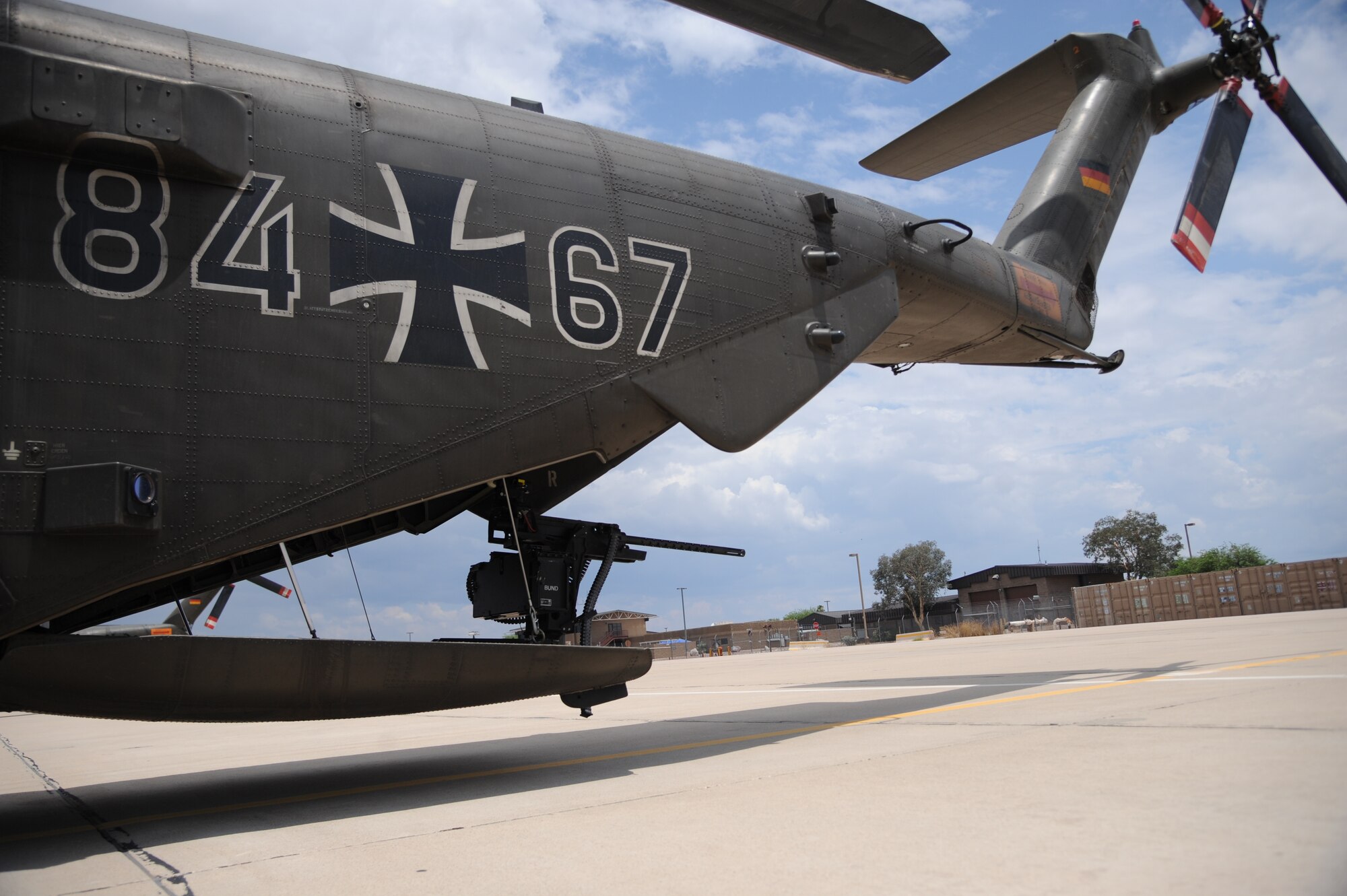 A German Air Force CH-53GS helicopter sits on the flightline during Angel Thunder 2015 at Davis-Monthan Air Force Base, Ariz., June 9, 2015. Angel Thunder is the largest personnel recovery exercise in the world combining joint, coalition and interagency personnel that will train through the full spectrum of personnel recovery capabilities with numerous types of aircraft. (U.S. Air Force photo by Senior Airman Betty R. Chevalier/Released)