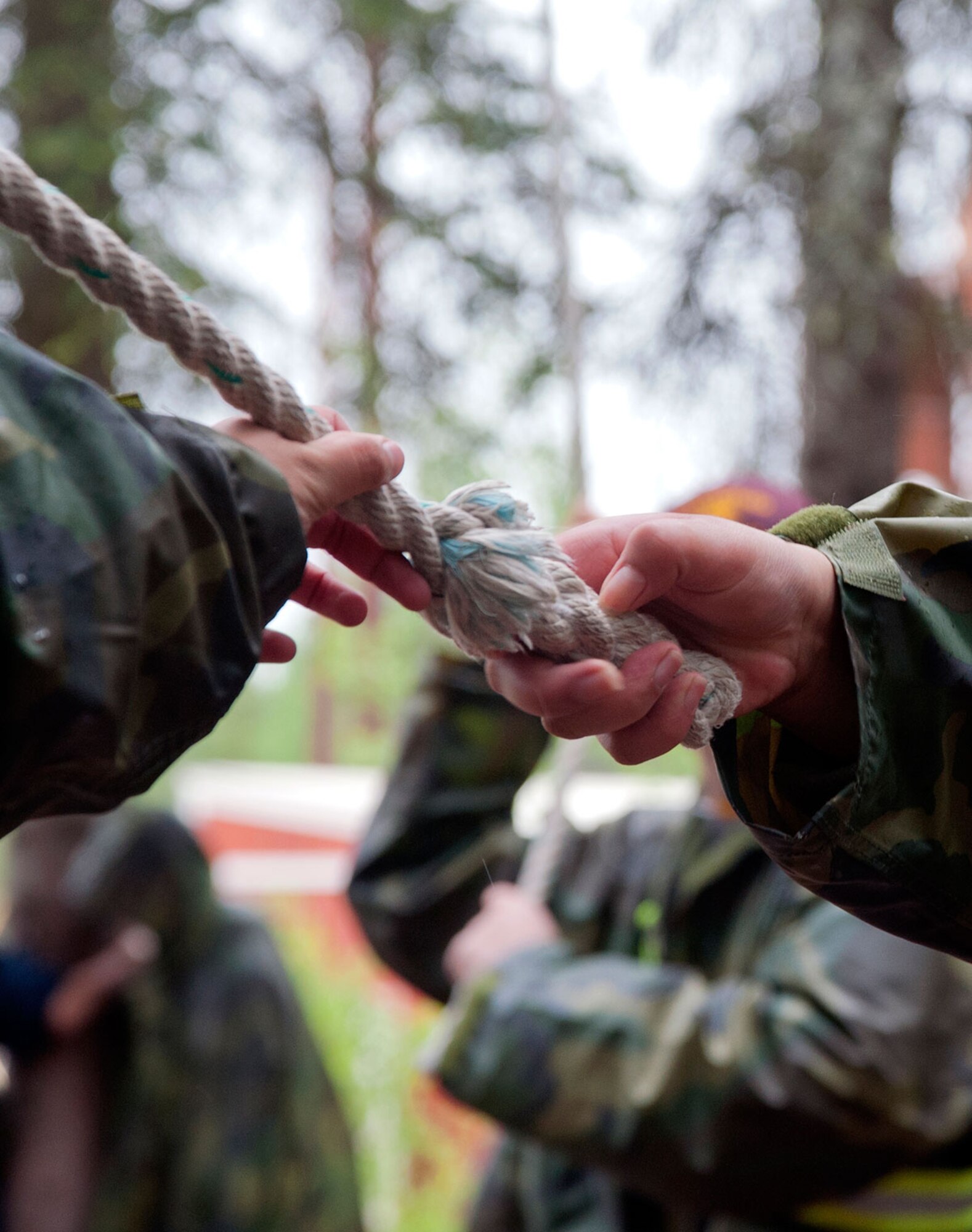 Junior ROTC cadets participate in a teambuilding exercise on Joint Base Elmendorf-Richardson June 2. The cadets, of different heritage and backgrounds from throughout the United States, learn how to work together during a weeklong summer leadership camp. (U.S. Air Force photo/Senior Airman Tammie Ramsouer)