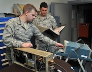 Senior Airman Travis Grimit (left) and Staff Sgt. Donald Hoffman, both from the 341st Missile Maintenance Squadron missile communications section, verify a mass storage unit is operating properly June 10 at Malmstrom Air Force Base, Mont. Missile communications technicians maintain the nuclear command and control communications systems at each of Malmstrom’s 15 launch control centers and the Support Information Network between LCCs and Malmstrom’s 150 Minuteman launch facilities. (U.S. Air Force photo/John Turner)