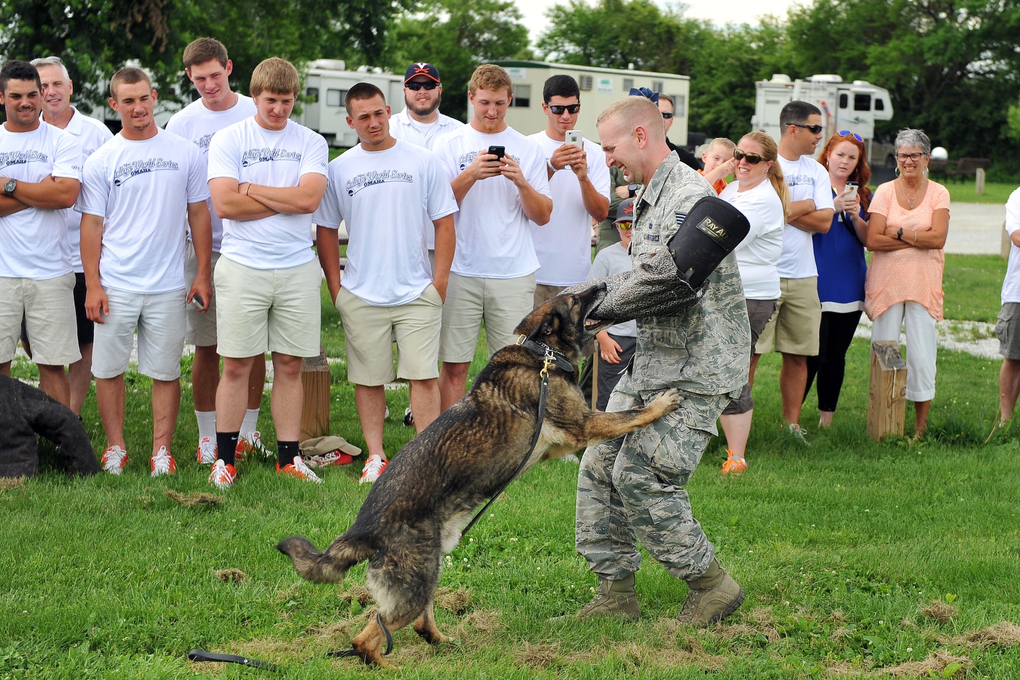 Players and coaches from the University of Virginia Cavaliers watch a military working dog demonstration by the 55th Security Forces Squadron as they visited Offutt Air Force Base, Nebraska, June 14, following their 5-3 opening tournament victory over the Arkansas Razorbacks June 13, at the 2015 NCAA College World Series in Omaha. The Cavaliers were welcomed by the 55th Wing vice commander and ate lunch with some active duty members. Each year Offutt serves as a host one of the eight teams at the College World Series (U.S. Air Force photo by Josh Plueger/Released).