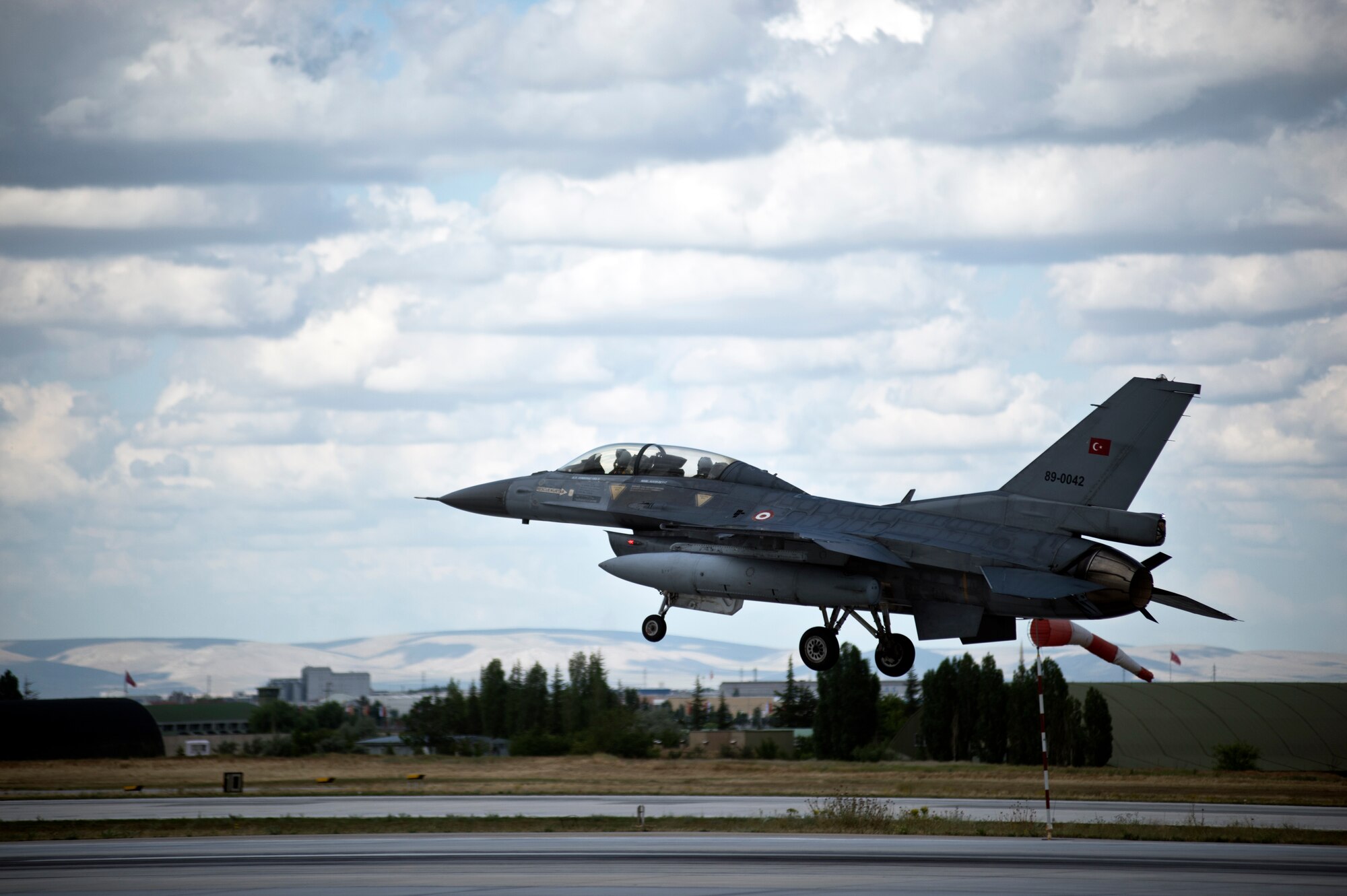 A Turkish Air Force F-16D Fighting Falcon lands during Anatolian Eagle 15, June 11, 2015, at 3rd Main Jet Base, Turkey. Turkey is hosting the two-week flying training exercise focused on improving interoperability and partnership. (U.S. Air Force photo by Tech. Sgt. Eric Burks/Released)
