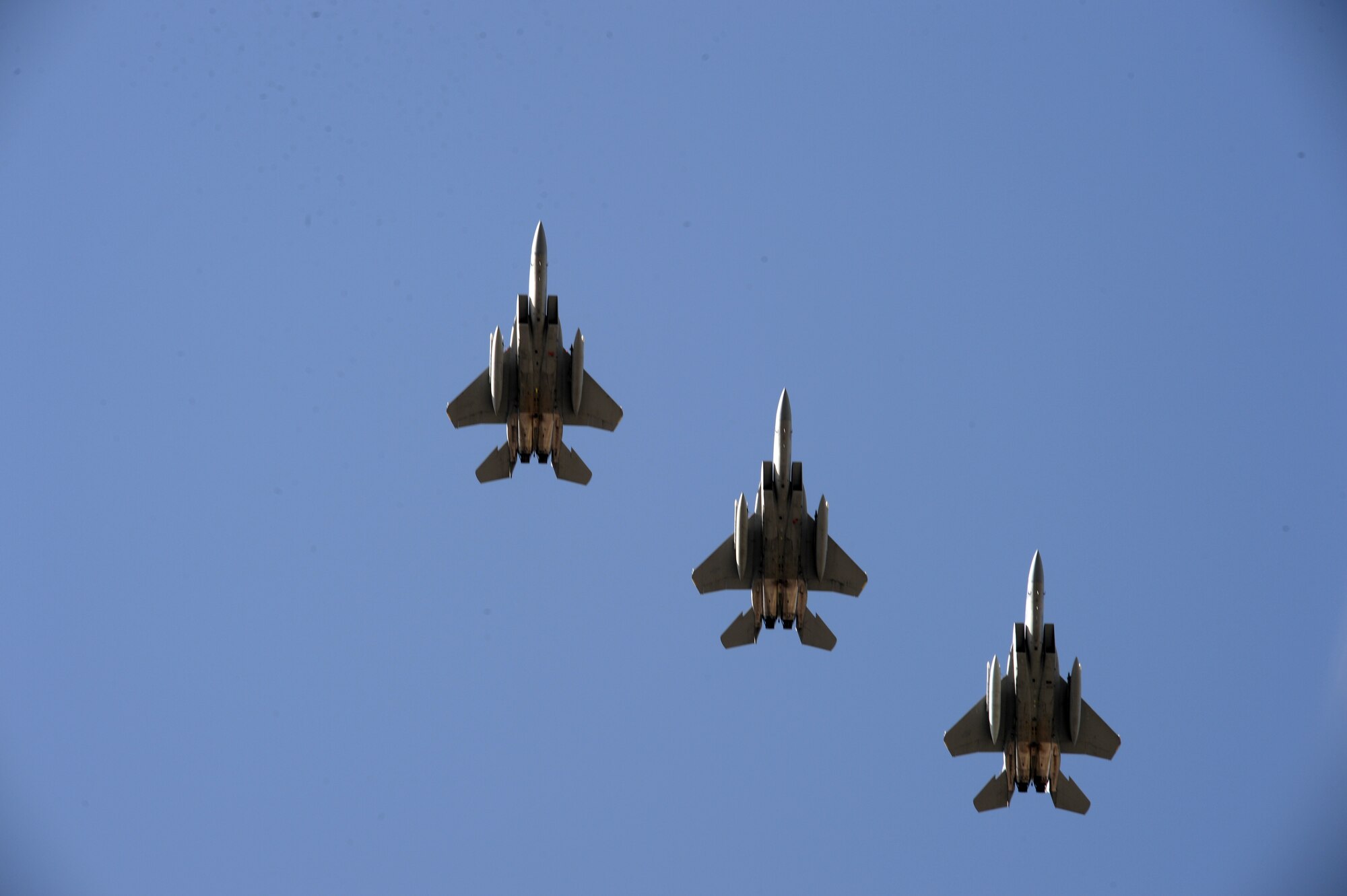 Three U.S. Air Force F-15C Eagles from the 493rd Fighter Squadron, Royal Air Force Lakenheath, England, fly in formation during Anatolian Eagle 15, June 9, 2015, over 3rd Main Jet Base, Turkey. The 493rd FS recently received the 2014 Raytheon Trophy as the U.S. Air Force's top fighter squadron. (U.S. Air Force photo by Tech. Sgt. Eric Burks/Released)